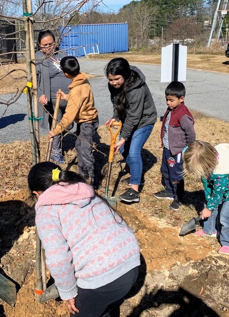 Members of the Norcross Earth Team and their parents join Norcross Garden Club in planting trees at the city cemetery. 