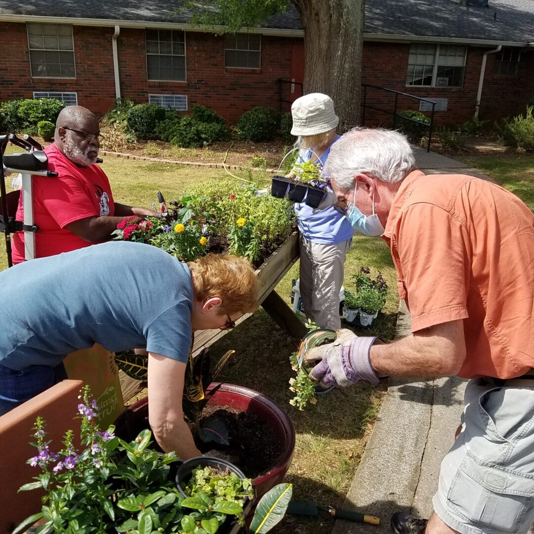 A group of people working in the garden