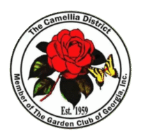 Logo of The Camellia District featuring a red camellia and yellow butterfly.