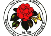 Logo of The Camellia District featuring a red camellia and yellow butterfly.